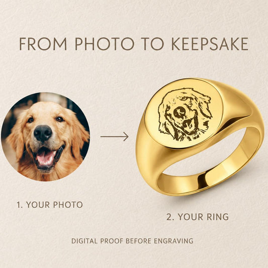 Custom Pet Portrait Signet Ring, Engraved Dog Cat Memorial Jewelry