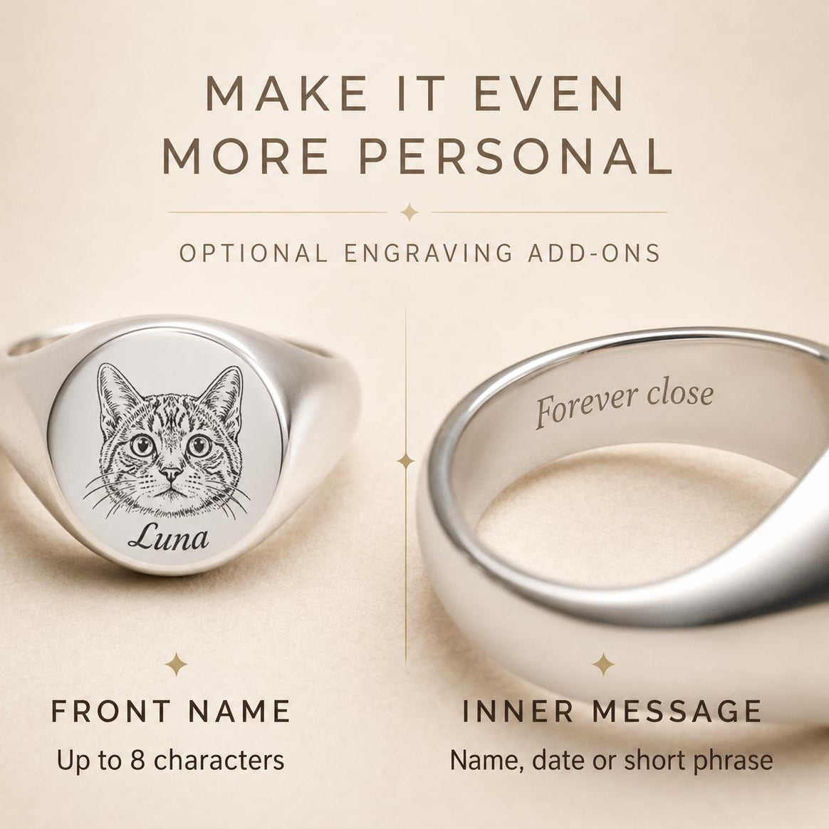 Custom Pet Portrait Signet Ring, Engraved Dog Cat Memorial Jewelry