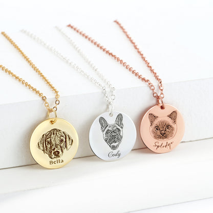 Custom Pet Portrait Necklace, Engraved Photo Pendant, Personalized Memorial Jewelry