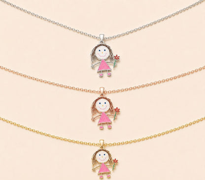 Custom Kids Drawing Necklace, Sterling Silver Enamel Pendant, Personalized Keepsake Jewelry