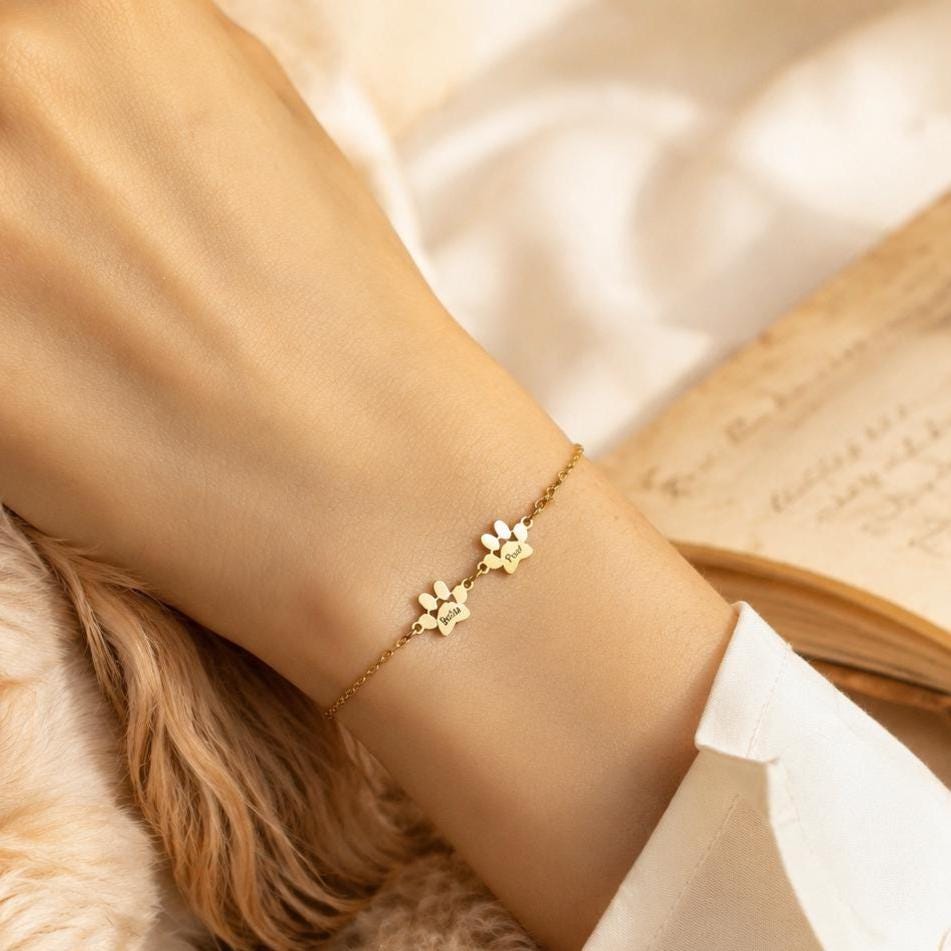 Personalized Pet Name Paw Bracelet, Custom Engraved Dog Cat Jewelry