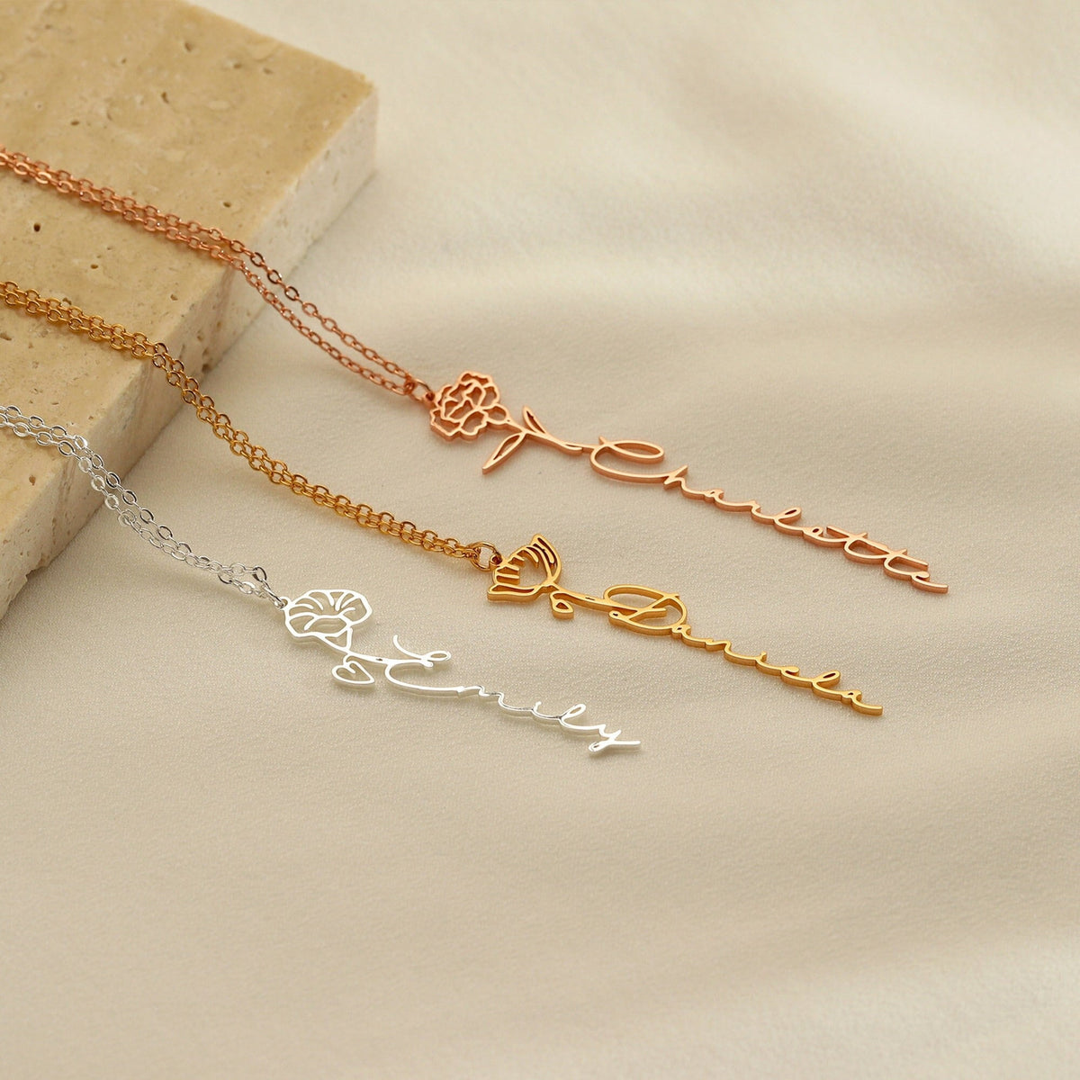 Custom Name Necklace with Birth Flower, Personalized Gold Jewelry, Minimalist Style