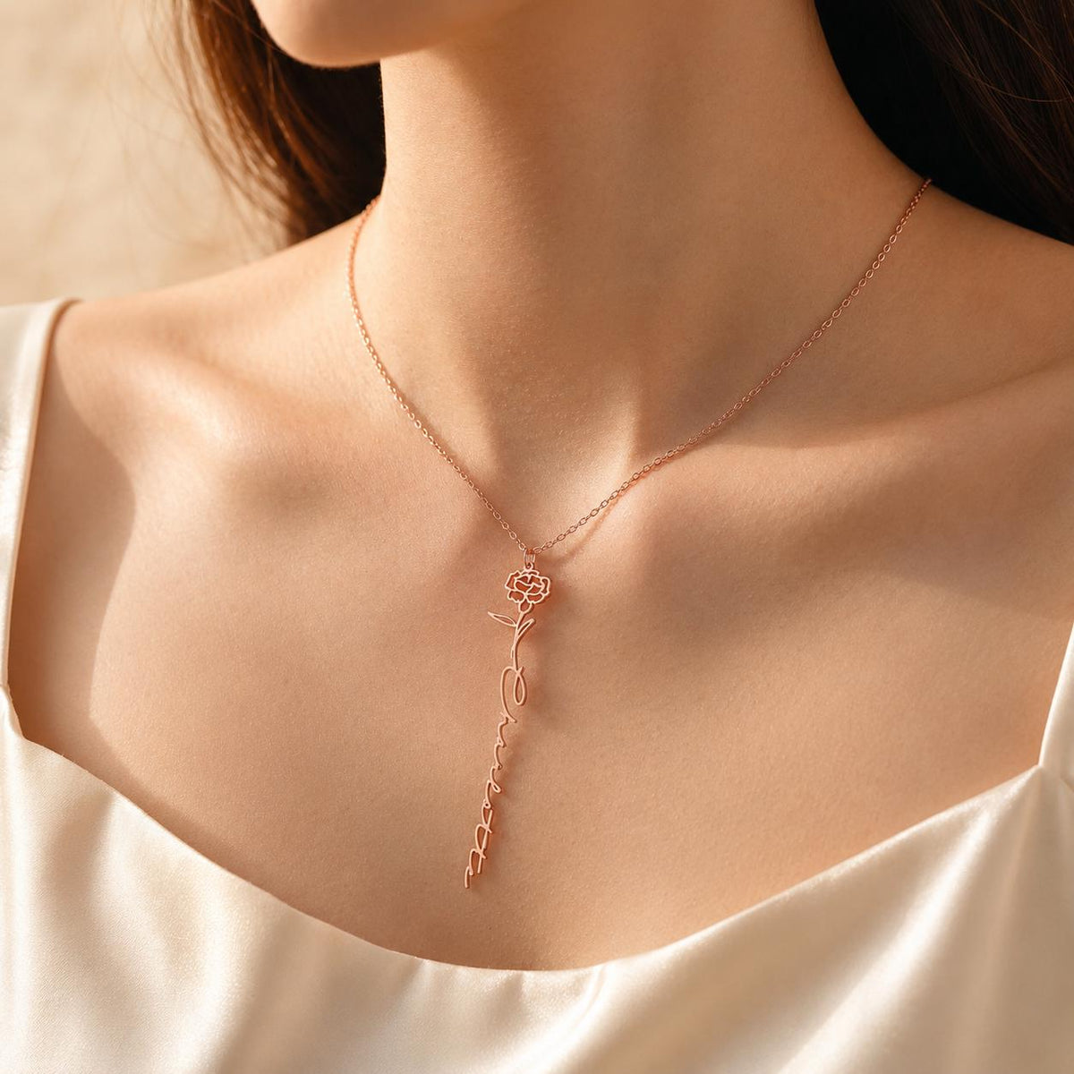 Custom Name Necklace with Birth Flower, Personalized Gold Jewelry, Minimalist Style