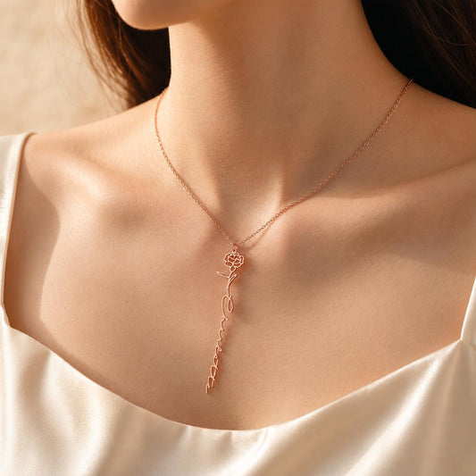 Custom Name Necklace with Birth Flower, Personalized Gold Jewelry, Minimalist Style
