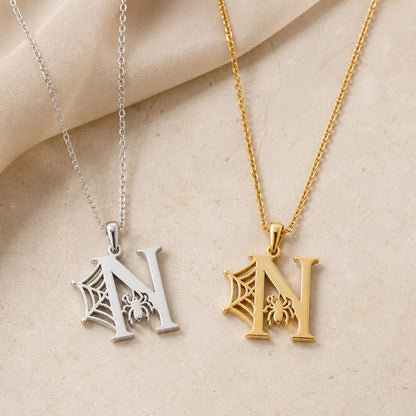 Gothic Initial Necklace, Spiderweb Letter Pendant, Stainless Steel Spooky Jewelry