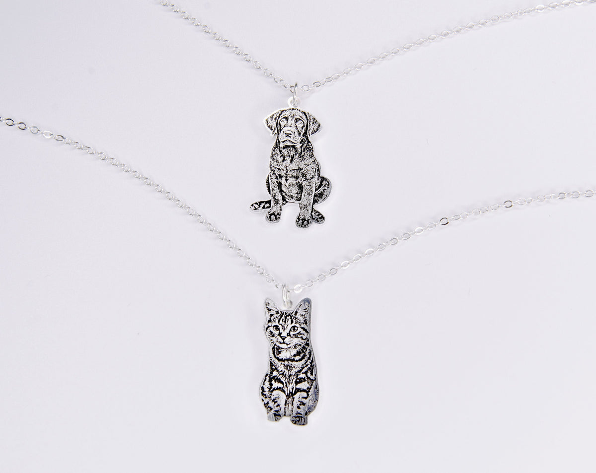 Custom Pet Portrait Necklace, Personalized Dog Memorial Jewelry, Engraved Pendant Necklace