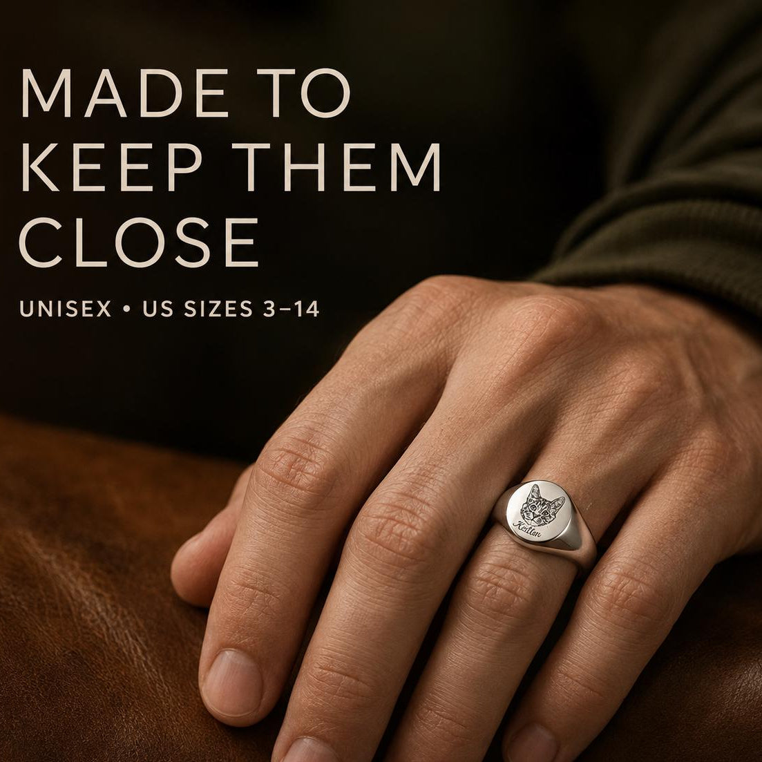 Custom Pet Portrait Signet Ring, Engraved Dog Cat Memorial Jewelry