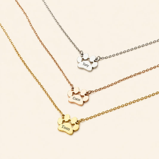 Personalized Paw Name Necklace, Sideways Pet Jewelry, Gold Plated Dog Mom Gift