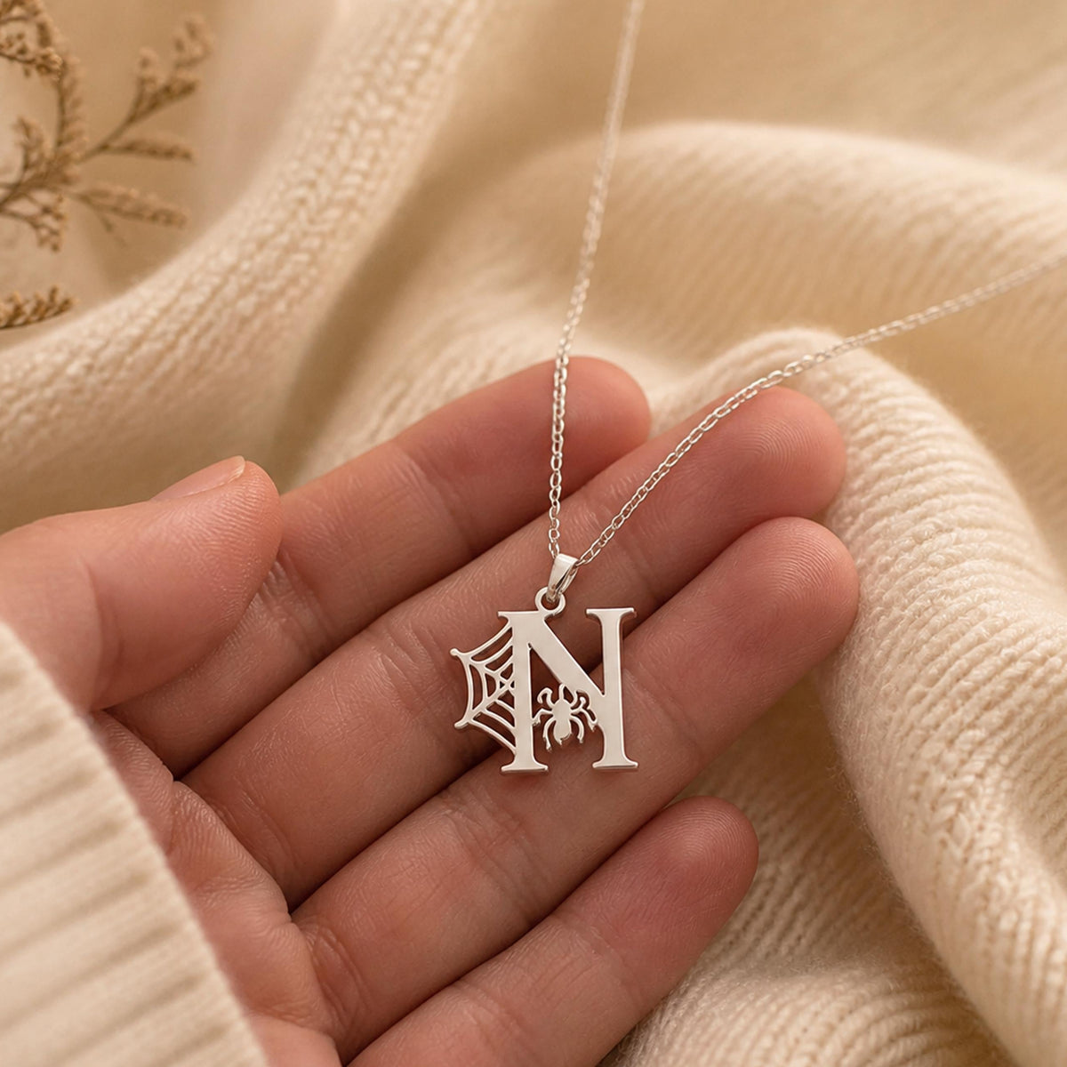 Gothic Initial Necklace, Spiderweb Letter Pendant, Stainless Steel Spooky Jewelry
