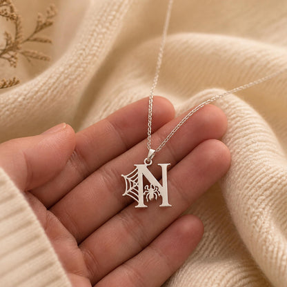 Gothic Initial Necklace, Spiderweb Letter Pendant, Stainless Steel Spooky Jewelry