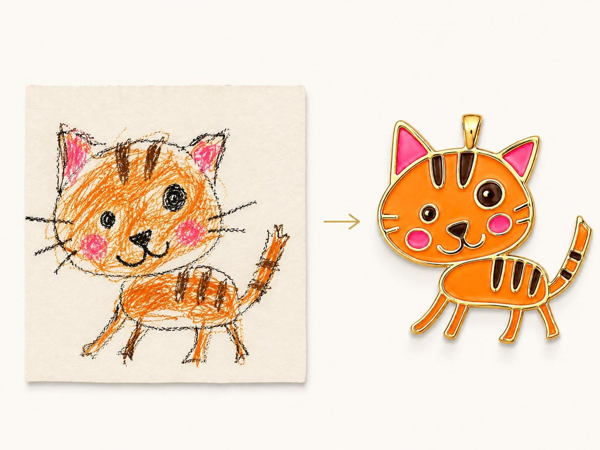 Custom Kids Drawing Necklace, Gold Silver Enamel Pendant, Customised Doodle Jewelry