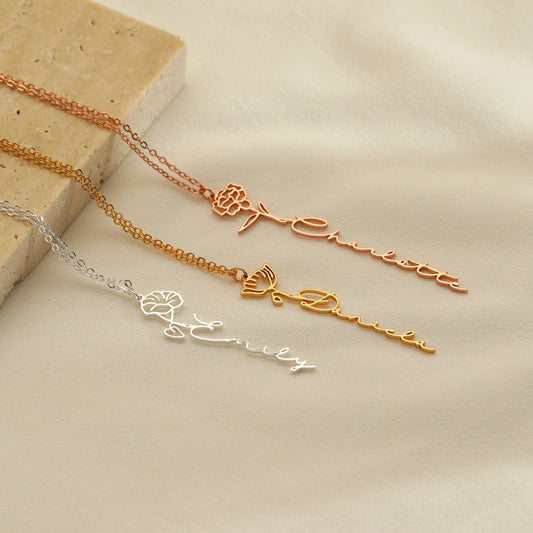 Custom Birth Flower Necklace with Name, Dainty Personalized Minimalist Jewelry, Personalized Gold Name Jewelry, Mother Day Gift