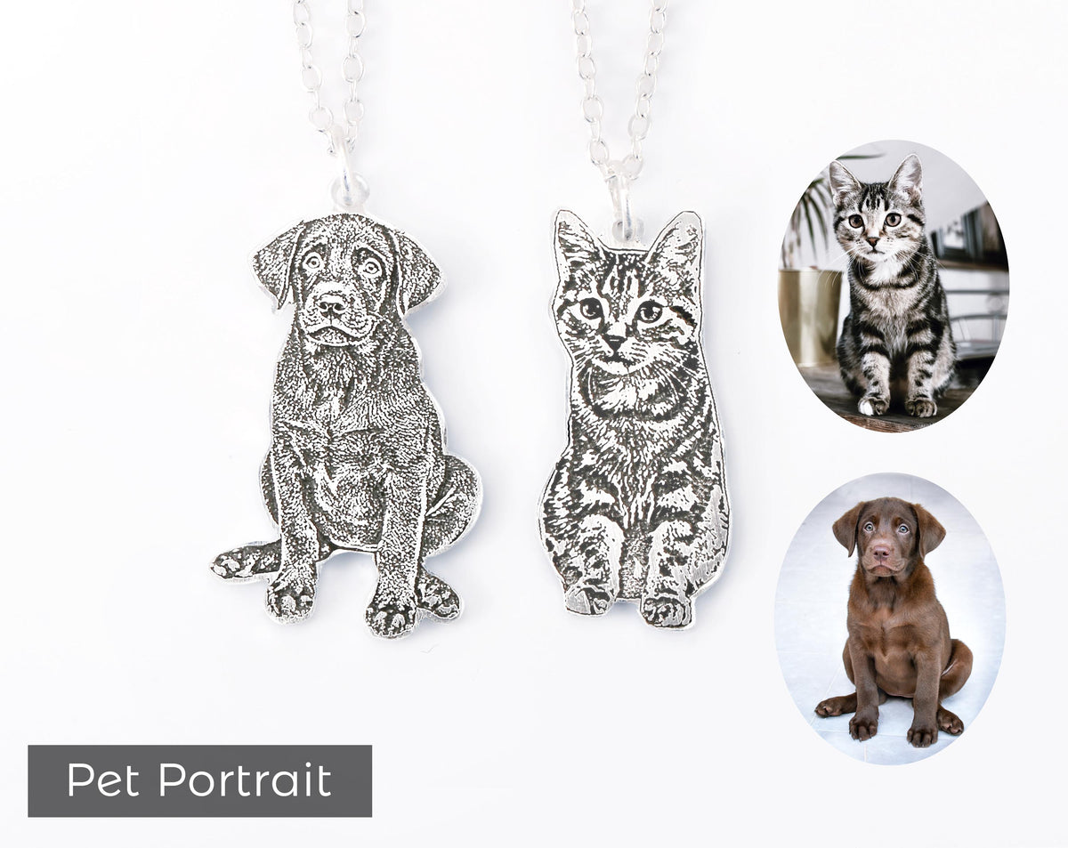 Custom Pet Portrait Necklace, Personalized Dog Memorial Jewelry, Engraved Pendant Necklace