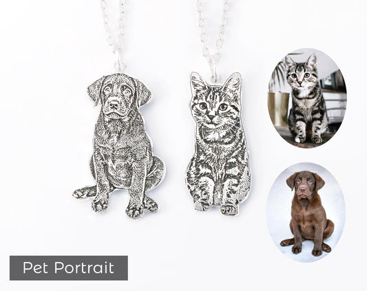Custom Pet Portrait Necklace, Personalized Dog Memorial Jewelry, Engraved Pendant Necklace