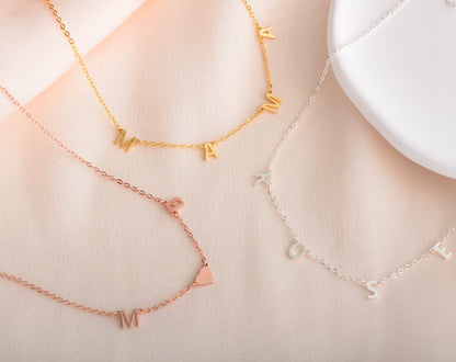 Personalised Sideways Initial Necklace, Tiny Letter Choker, Gold Plated Heart Charm