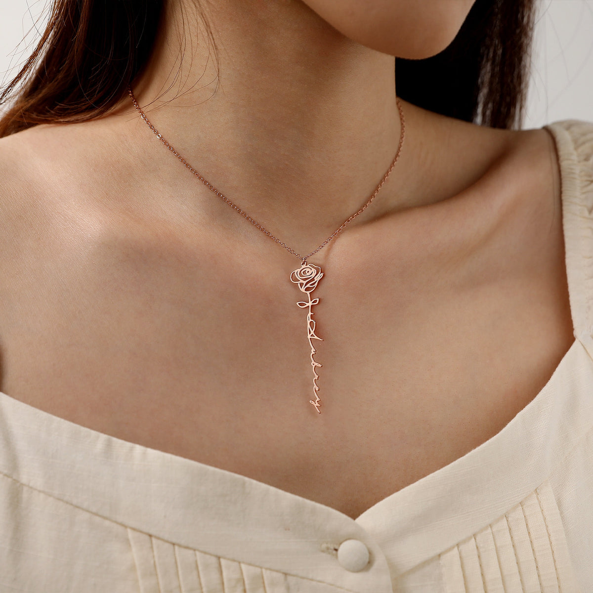 Custom Name Necklace with Birth Flower, Personalized Gold Jewelry, Minimalist Style