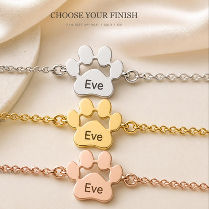 Personalized Pet Name Paw Bracelet, Custom Engraved Dog Cat Jewelry