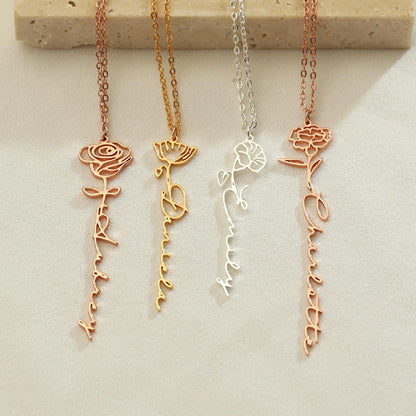 Custom Name Necklace with Birth Flower, Personalized Gold Jewelry, Minimalist Style