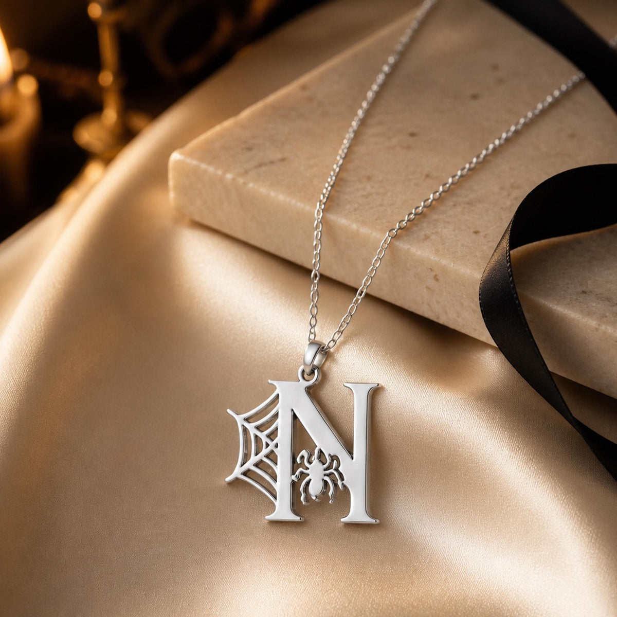 Gothic Initial Necklace, Spiderweb Letter Pendant, Stainless Steel Spooky Jewelry
