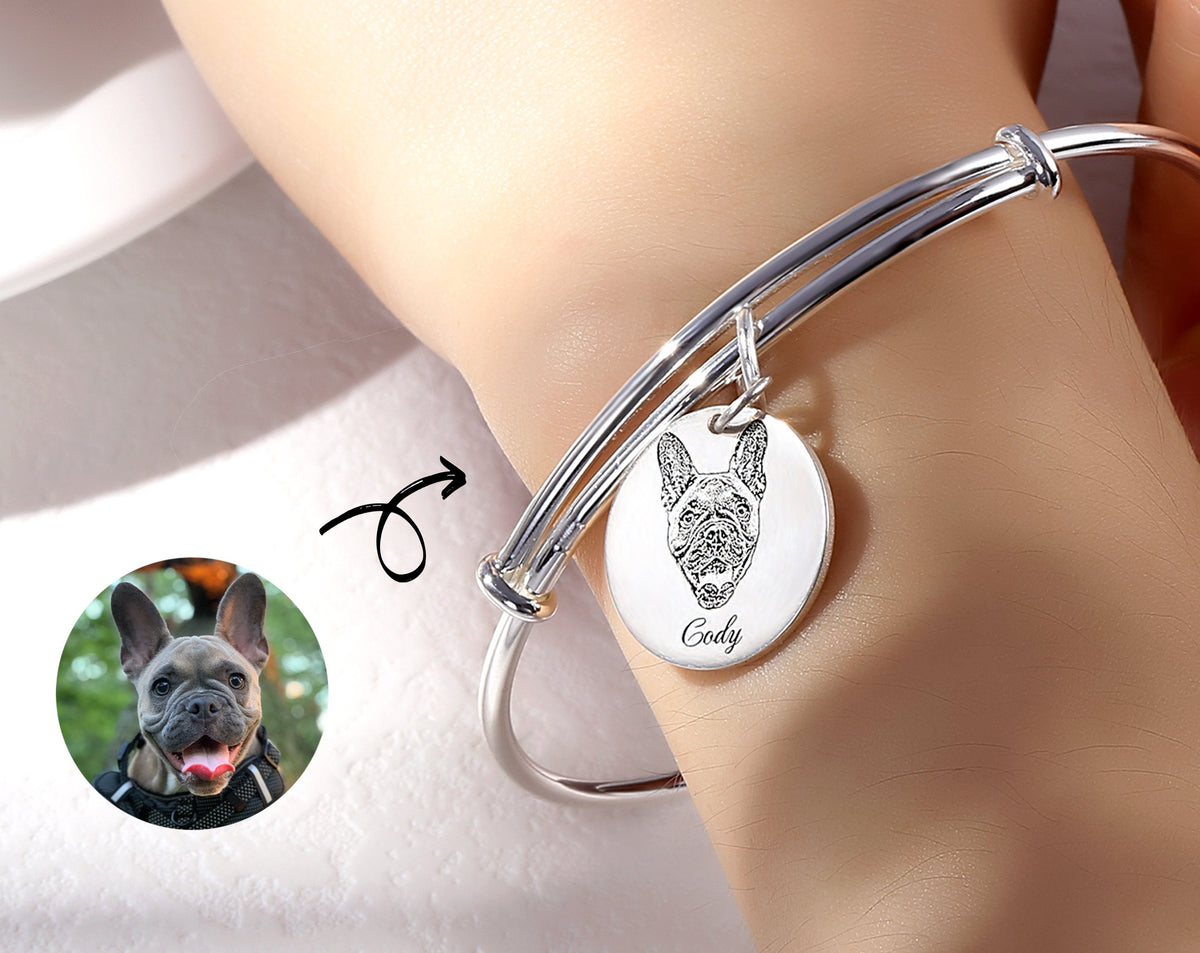 Personalized Pet Portrait Bracelet, Custom Memorial Jewelry, Gold Plated Silver Rose Gold