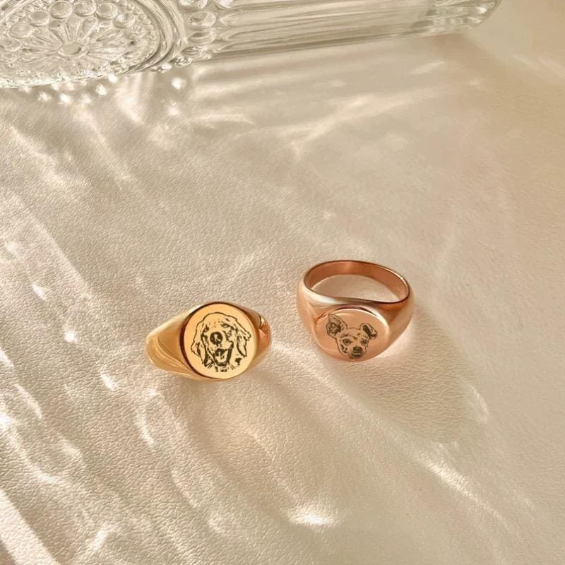 Custom Pet Portrait Signet Ring, Engraved Dog Cat Memorial Jewelry
