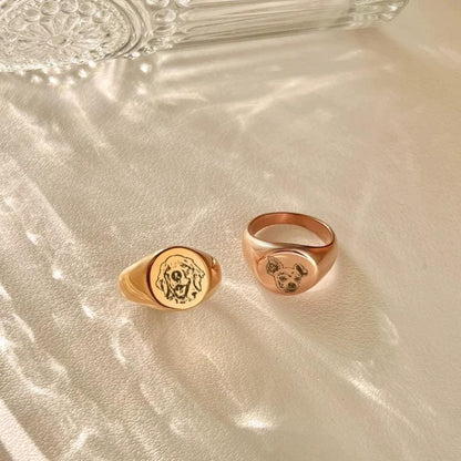 Custom Pet Portrait Signet Ring, Engraved Dog Cat Memorial Jewelry