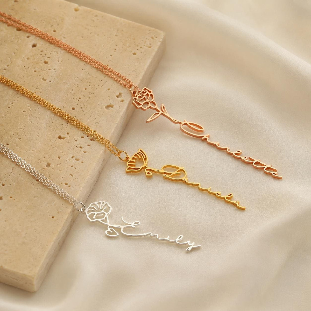 Custom Name Necklace with Birth Flower, Personalized Gold Jewelry, Minimalist Style