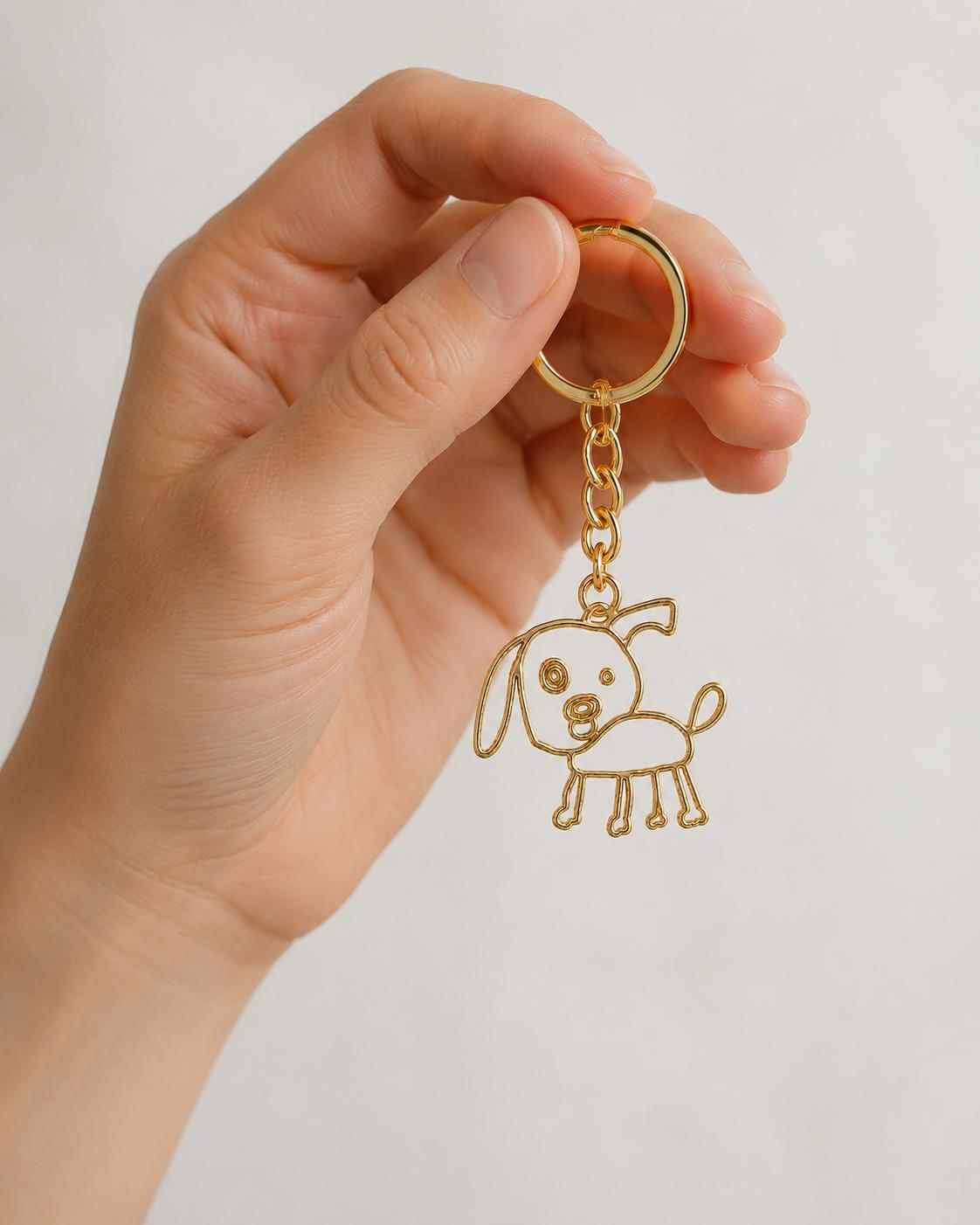 Custom Kids Drawing Keychain, Child Art Key Ring, Pet Doodle Keepsake, Sterling Silver Charm