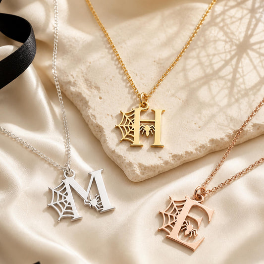 Gothic Initial Necklace, Spiderweb Letter Pendant, Stainless Steel Spooky Jewelry