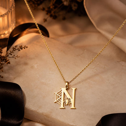 Gothic Initial Necklace, Spiderweb Letter Pendant, Stainless Steel Spooky Jewelry