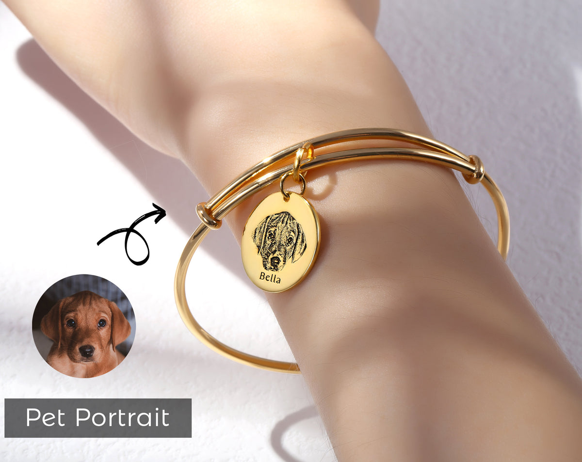 Personalized Pet Portrait Bracelet, Custom Memorial Jewelry, Gold Plated Silver Rose Gold