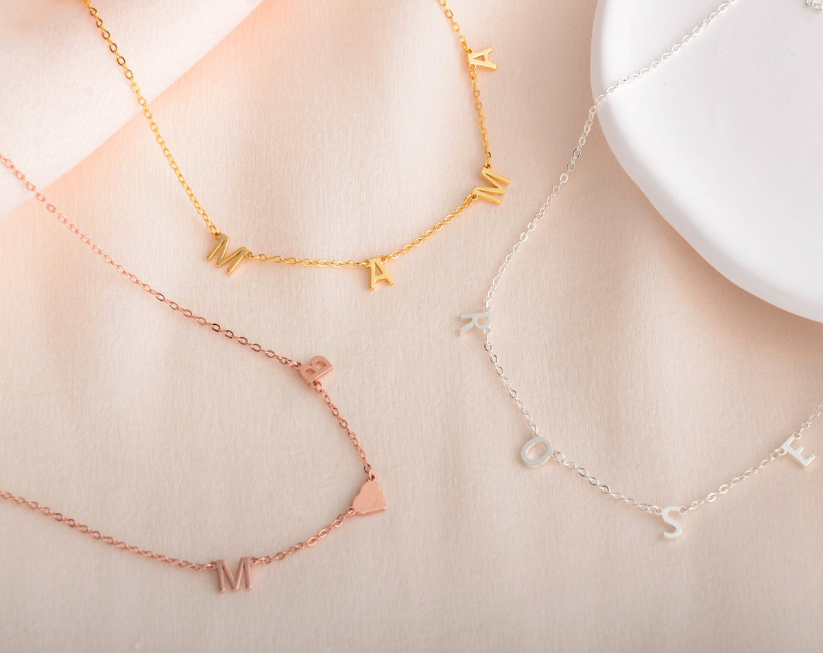 Personalized Initial Necklace, Tiny Sideway Letter, Heart Charm, Gift For Mom