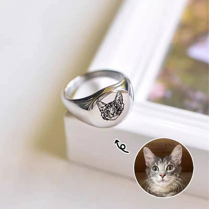 Custom Pet Portrait Signet Ring, Engraved Dog Cat Memorial Jewelry