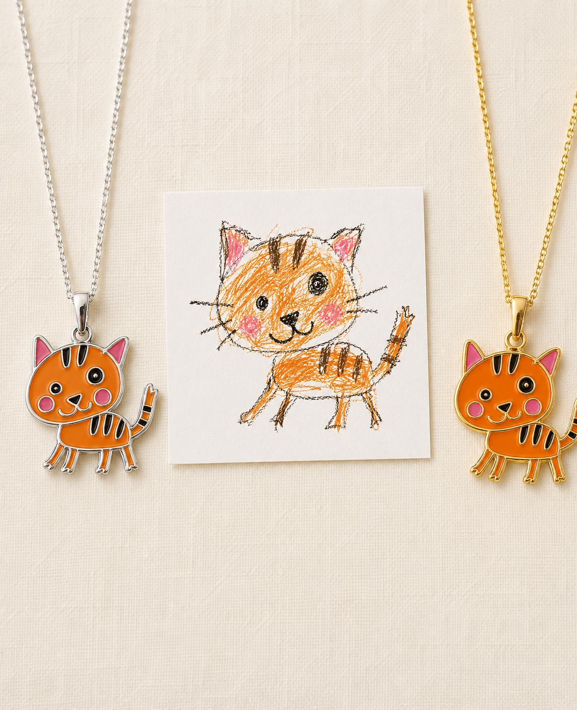 Custom Kids Drawing Necklace, Gold Silver Enamel Pendant, Customised Doodle Jewelry