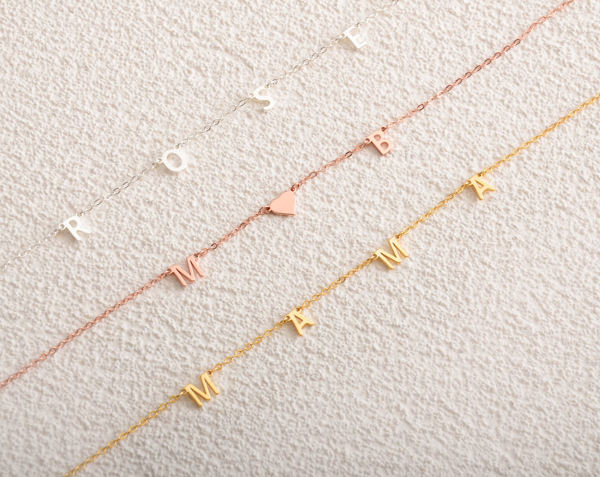 Personalized Initial Necklace, Tiny Sideway Letter, Heart Charm, Gift For Mom