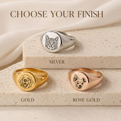 Custom Pet Portrait Signet Ring, Engraved Dog Cat Memorial Jewelry