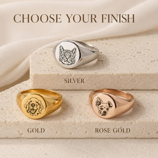 Custom Pet Portrait Signet Ring, Engraved Dog Cat Memorial Jewelry
