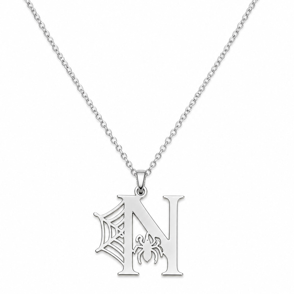 Gothic Initial Necklace, Spiderweb Letter Pendant, Stainless Steel Spooky Jewelry