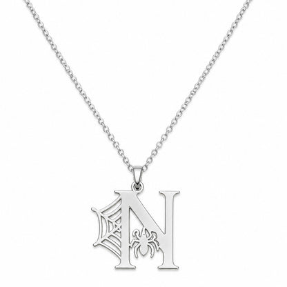 Gothic Initial Necklace, Spiderweb Letter Pendant, Stainless Steel Spooky Jewelry