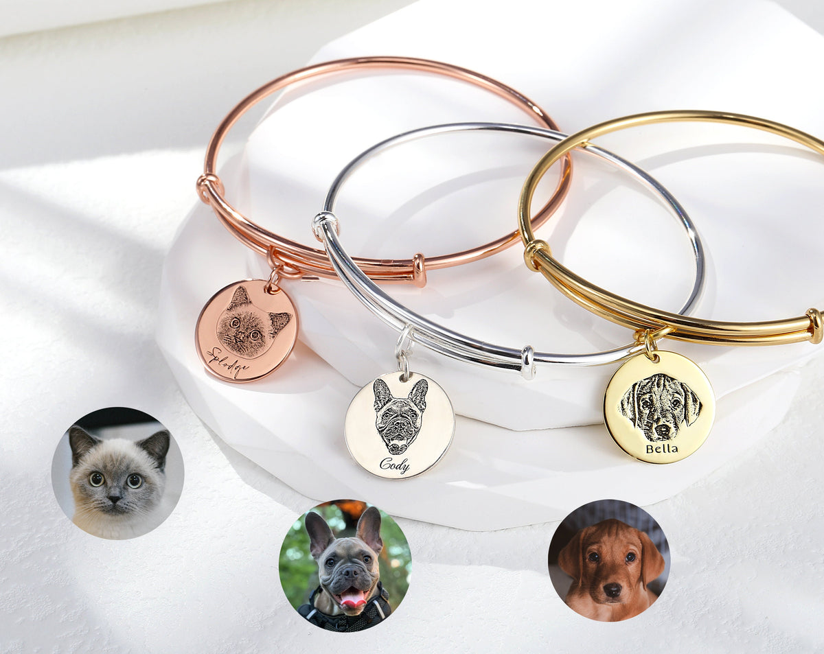 Personalized Pet Portrait Bracelet, Custom Memorial Jewelry, Gold Plated Silver Rose Gold