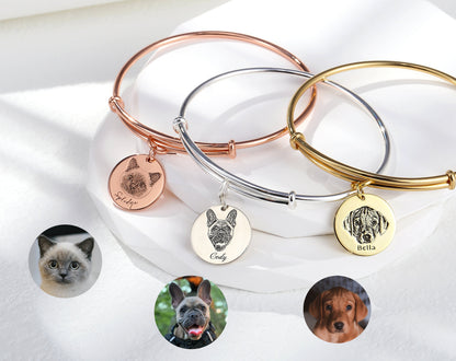 Personalized Pet Portrait Bracelet, Custom Memorial Jewelry, Gold Plated Silver Rose Gold