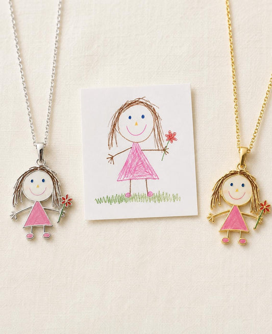 Custom Kids Drawing Necklace, Sterling Silver Enamel Pendant, Personalized Keepsake Jewelry