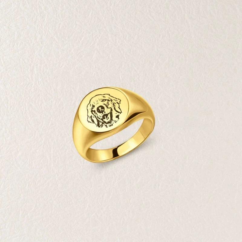 Custom Pet Portrait Signet Ring, Engraved Dog Cat Memorial Jewelry