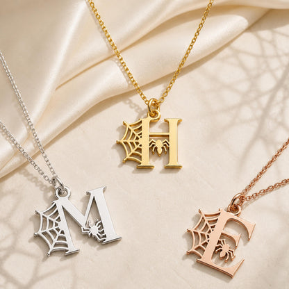 Gothic Initial Necklace, Spiderweb Letter Pendant, Stainless Steel Spooky Jewelry